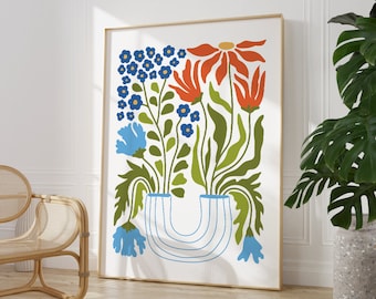 Botanical Flowers And Vase Print, Colourful Gallery Wall Art, Mid-Century, Scandinavian Design, Living Room, Bedroom