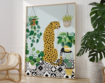 Leopard and Colourful Plant Print | Boho Home Decor, Animal Wall Art, Flower Prints | Living Room Wall Art | A5/A4/A3/A2/A1/5x7/4x6