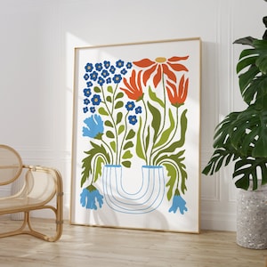 Impresión de flores y jarrones botánicos, arte de pared de galería colorido, diseño escandinavo de mediados de siglo, sala de estar, dormitorio