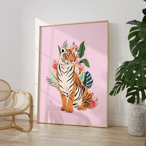 Pink Tiger and Colourful Plants Print, Boho, Animal Wall Art, Flowers, Living Room, Bedroom, A5/A4/A3/A2/A1/5x7/4x6