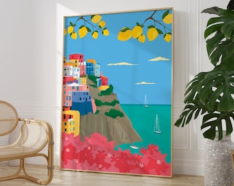 Amalfi Italië print, reisposter, citroenen, illustratie, landschap, kleurrijk, woonkamer/slaapkamer/keuken kunst aan de muur