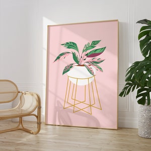 Pink Plant In Plant Stand, Plant Wall Art, Modern Minimalist, Flower Prints, Living Room, Bedroom, Floral Boho Home Decor