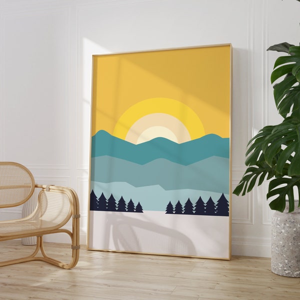 Sunset Mountain Print, Blue And Yellow, Home Decor, Gallery Wall, Living Room/ Bedroom/Kitchen, A5/A4/A3/A2/A1/5x7/4x6