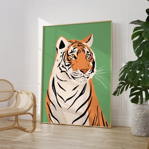 Tiger Print, Boho Wall Decor, Jungle Theme, Animal Wall Art, Green Colourful Poster, Bedroom A5/A4/A3/A2/A1/5x7/4x6
