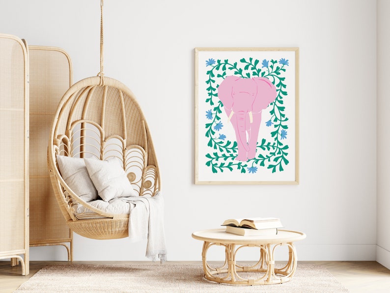 Pink Elephant And Flowers Print, Animal Print, Kids Wall Art, Girls bedroom prints, Living Room, Colourful Poster image 5