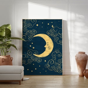 Blue moon and stars celestial wall art print, moon phase print, gallery wall prints, Living Room/ Bedroom/Kitchen Art A5/A4/A3/A2/A1 image 5