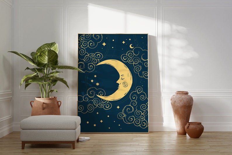 Blue moon and stars celestial wall art print, moon phase print, gallery wall prints, Living Room/ Bedroom/Kitchen Art A5/A4/A3/A2/A1 image 5