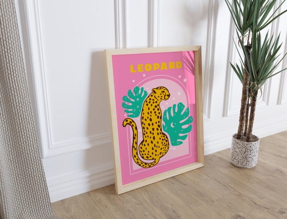 Pink Leopard & Green Animal Wall Art, Kids Room, Bedroom, Bright