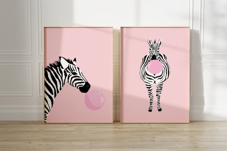 Set Of 2 Pink Zebra Prints, Animal Wall Art, Fun Wall Poster, Kids Room, Colourful, Living Room, A5/A4/A3/A2/A1/4x6/5x7 image 4