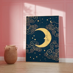 Blue moon and stars celestial wall art print, moon phase print, gallery wall prints, Living Room/ Bedroom/Kitchen Art A5/A4/A3/A2/A1 image 3