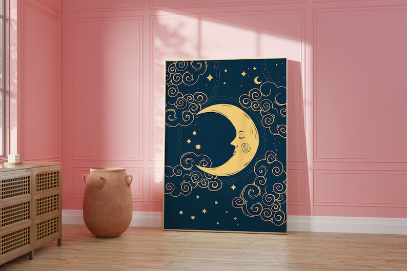 Blue moon and stars celestial wall art print, moon phase print, gallery wall prints, Living Room/ Bedroom/Kitchen Art A5/A4/A3/A2/A1 image 3