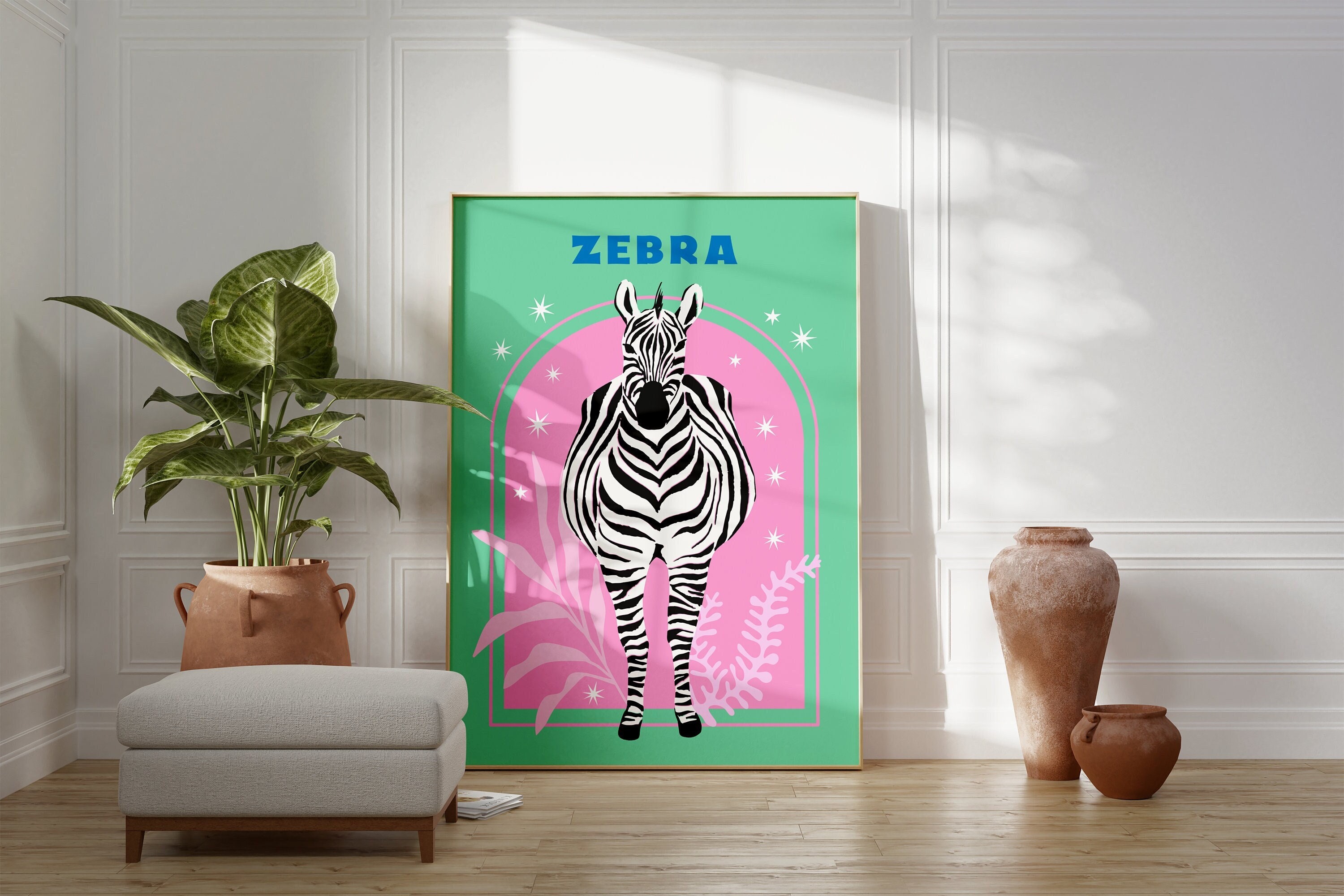 Zebra Print, Pink & Green Animal Wall Art, Bedroom, Kids