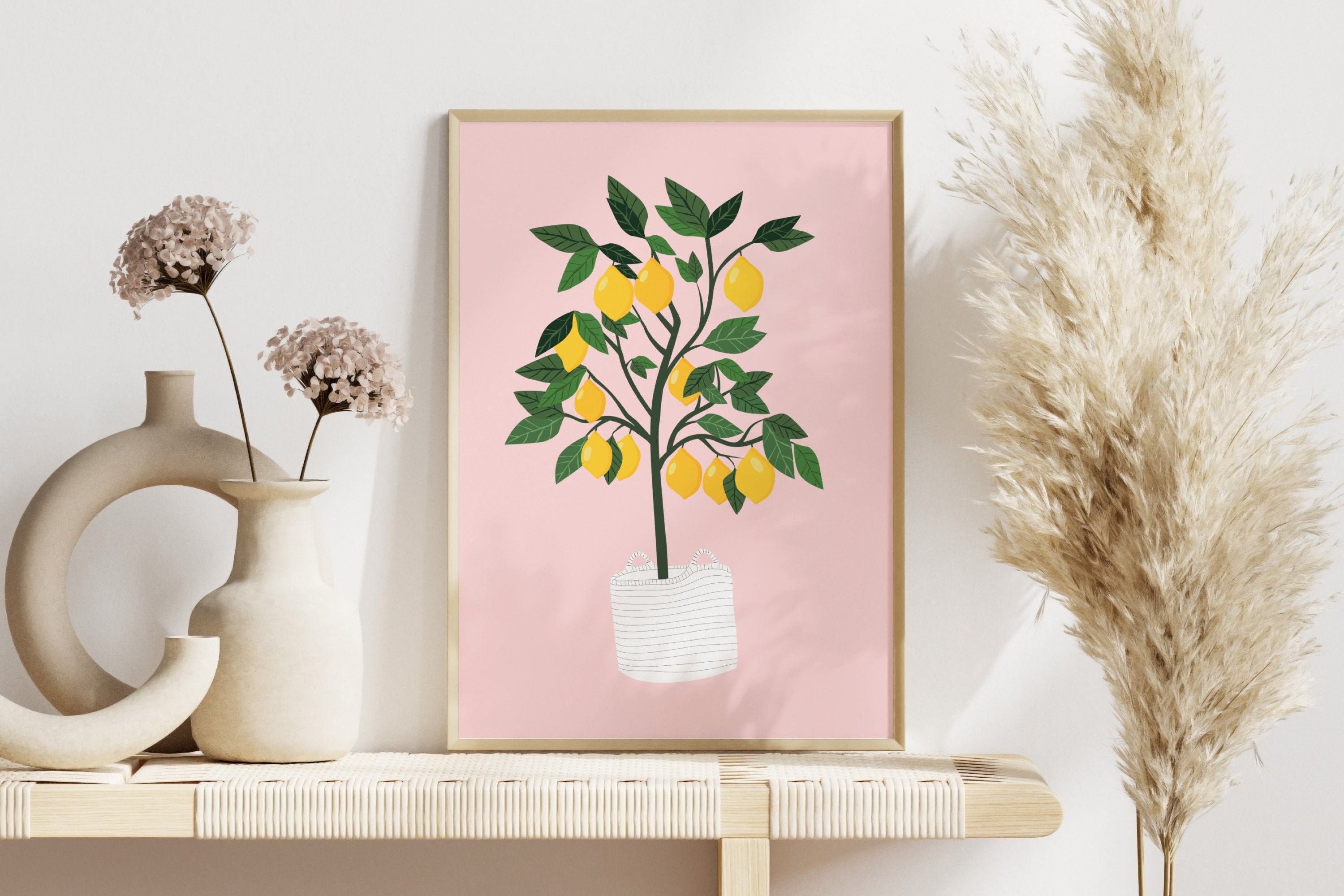 Pink Lemon Tree Print, Gallery Wall, Minimalist Art, Lemon Art, Citrus, Kitchen, Living Room, Bedroom, Plant Prints