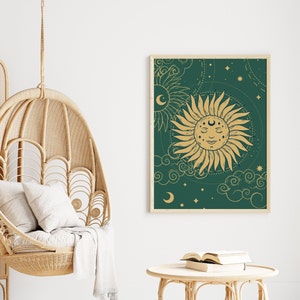 Green Sun And Stars Bohemian Print, Celestial Art, Gallery Wall, Boho, Living Room/ Bedroom/Kitchen, A5/A4/A3/A2/A1 image 8