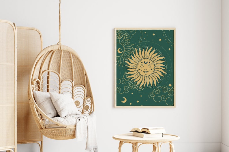Green Sun And Stars Bohemian Print, Celestial Art, Gallery Wall, Boho, Living Room/ Bedroom/Kitchen, A5/A4/A3/A2/A1 image 8