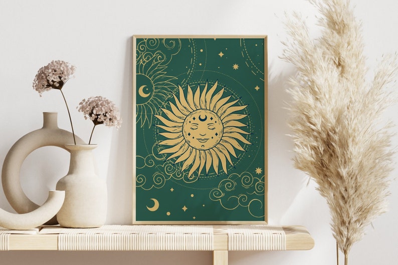 Green Sun And Stars Bohemian Print, Celestial Art, Gallery Wall, Boho, Living Room/ Bedroom/Kitchen, A5/A4/A3/A2/A1 image 6