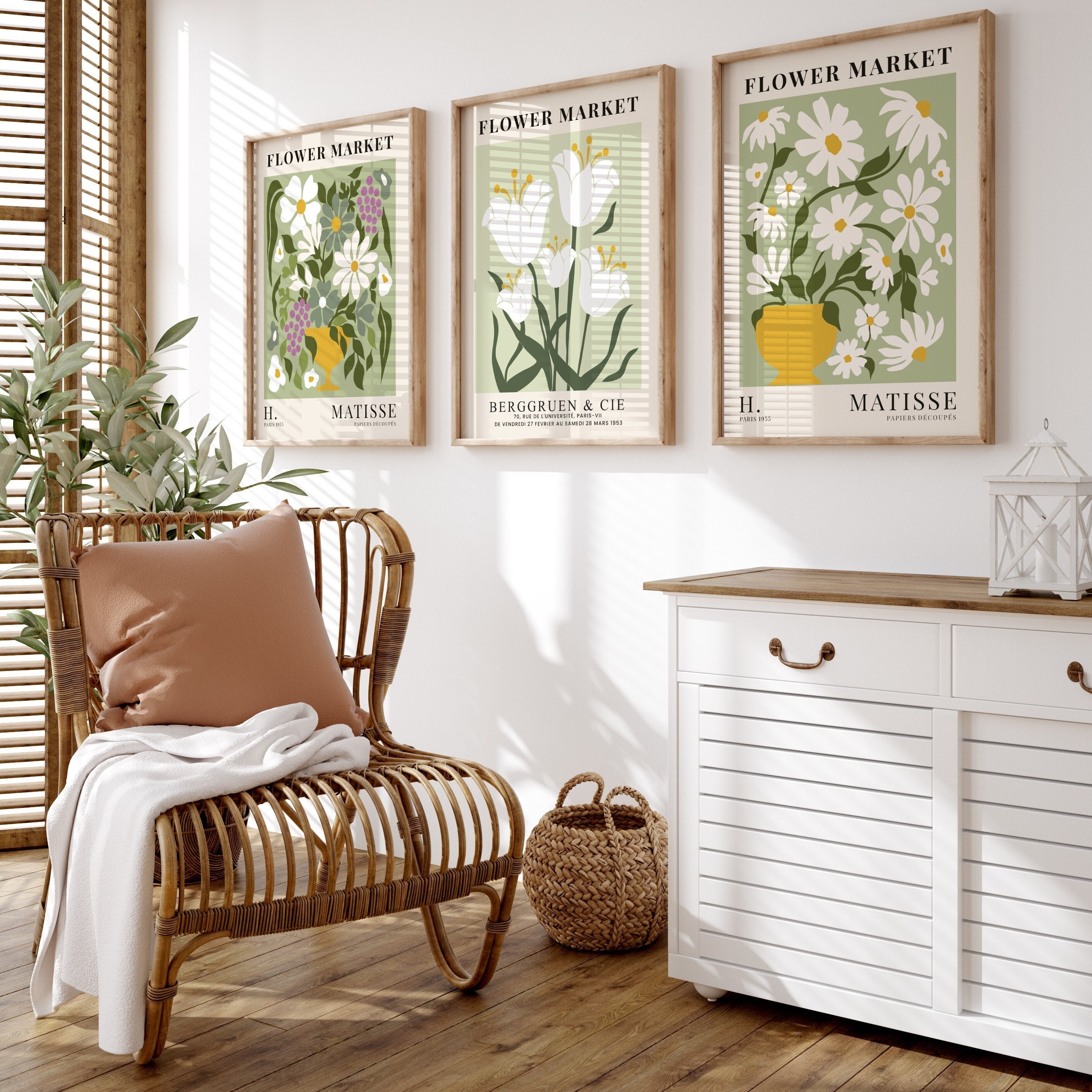 Henri Matisse Inspired Set Of 3 Flower Market Prints, Green And White, Floral, Kitchen Wall Art, Living Room, Modern, Botanical
