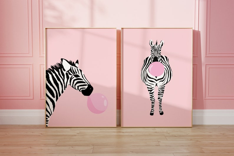 Set Of 2 Pink Zebra Prints, Animal Wall Art, Fun Wall Poster, Kids Room, Colourful, Living Room, A5/A4/A3/A2/A1/4x6/5x7 image 1