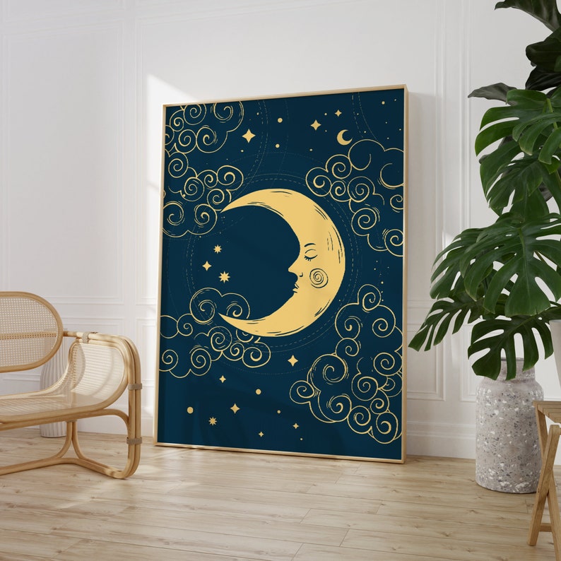 Blue moon and stars celestial wall art print, moon phase print, gallery wall prints, Living Room/ Bedroom/Kitchen Art A5/A4/A3/A2/A1 image 1