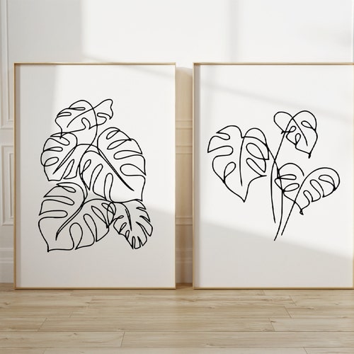 Ensemble de deux feuilles de Monstera imprimées, dessin au trait noir et blanc, art botanique, décoration d'intérieur, salon, chambre à coucher