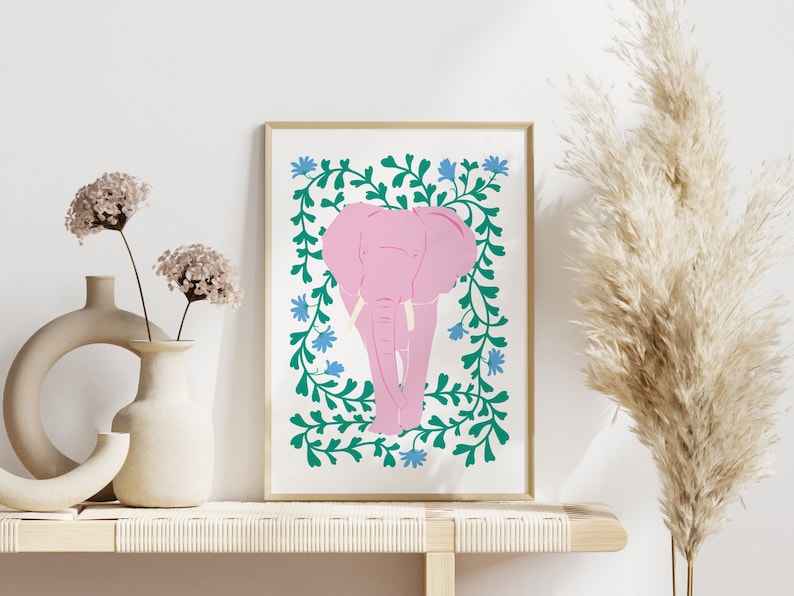 Pink Elephant And Flowers Print, Animal Print, Kids Wall Art, Girls bedroom prints, Living Room, Colourful Poster image 1