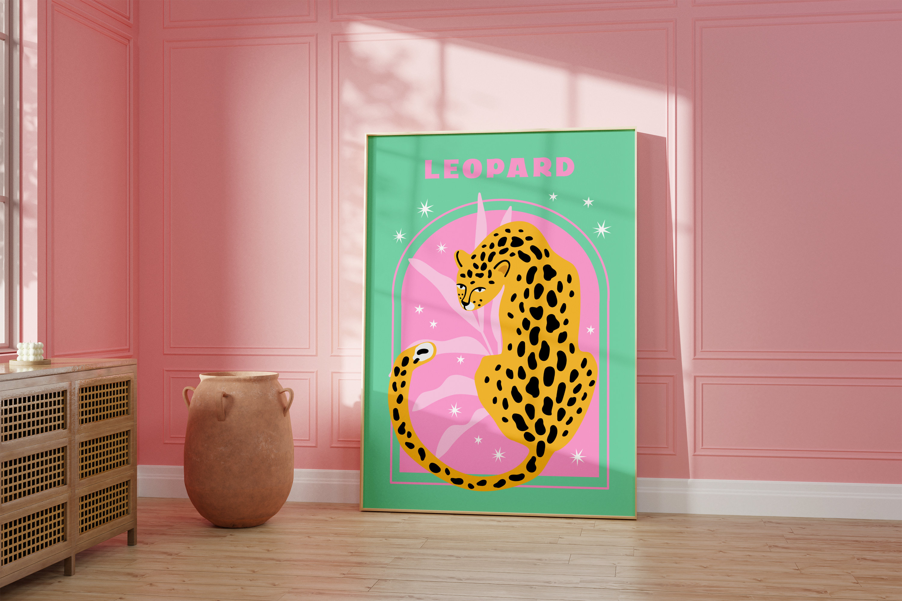 Leopard Print, Pink & Green Animal Wall Art, Kids Room, Bedroom