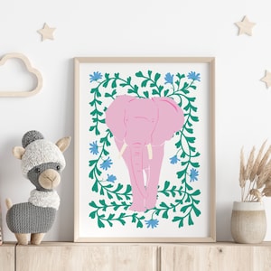 Pink Elephant And Flowers Print, Animal Print, Kids Wall Art, Girls bedroom prints, Living Room, Colourful Poster image 4