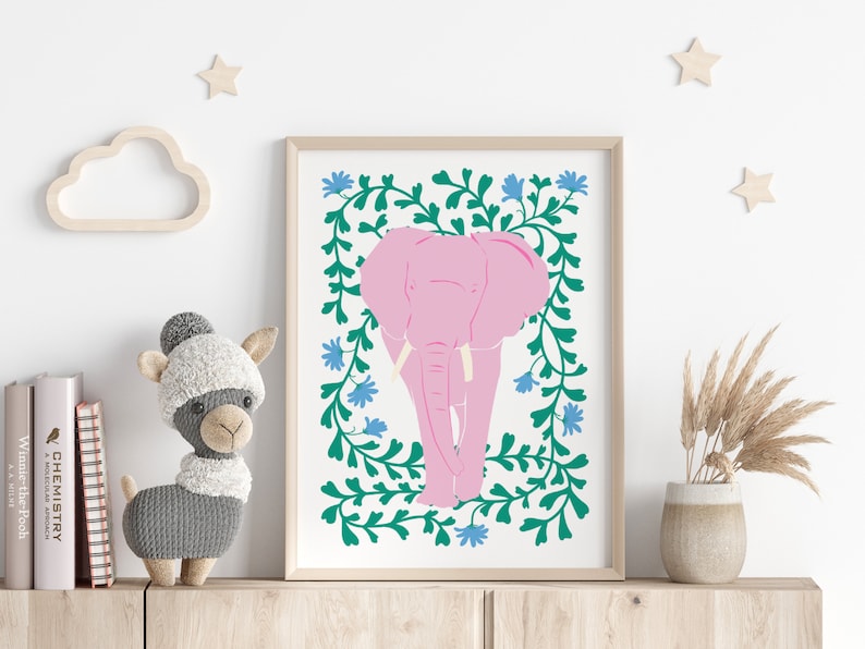 Pink Elephant And Flowers Print, Animal Print, Kids Wall Art, Girls bedroom prints, Living Room, Colourful Poster image 4