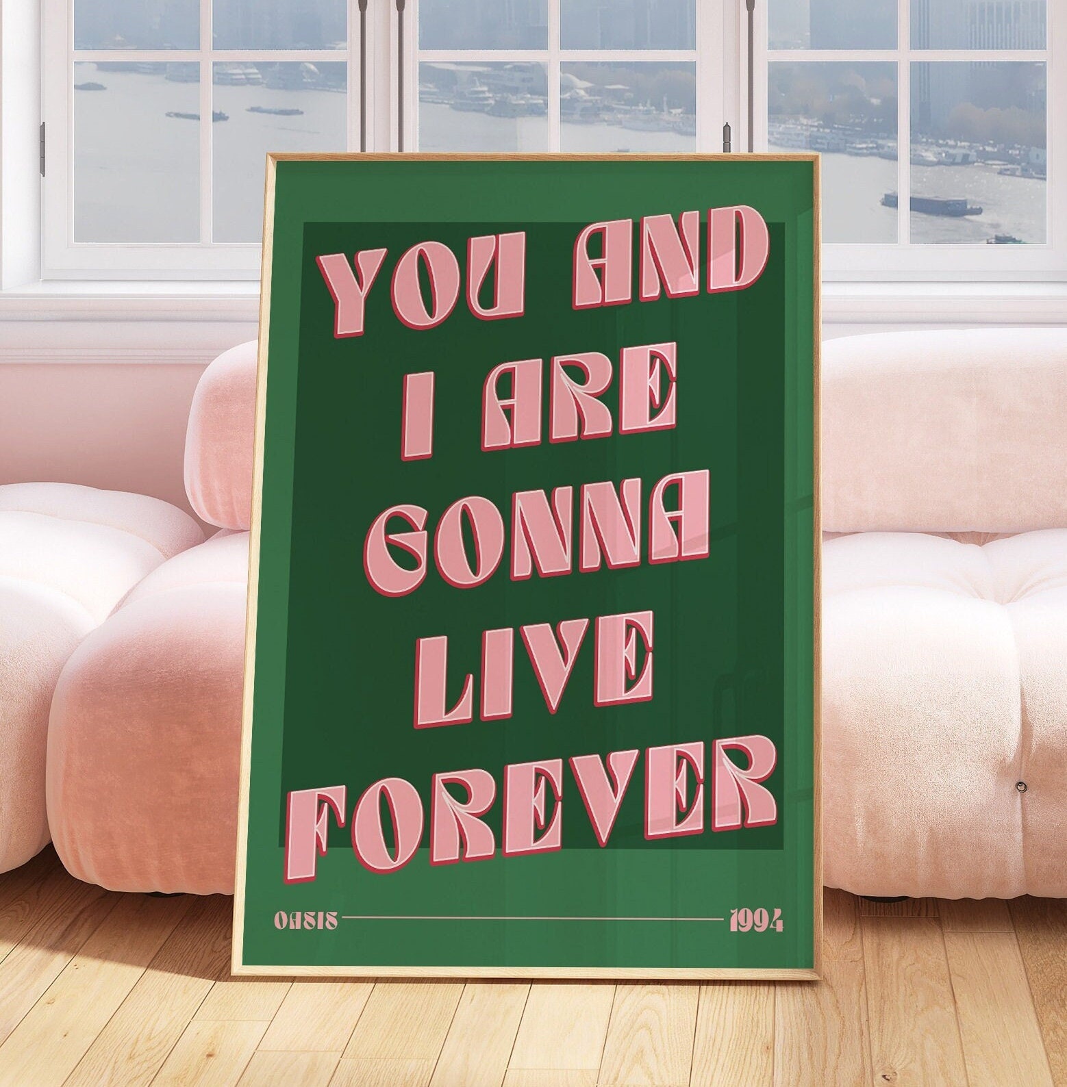 Oasis Poster, Live Forever Music Print, Music Lyric Art, Quote Wall Art,  Green and Pink, Gift for Her, Popular Culture, Bar Decor 