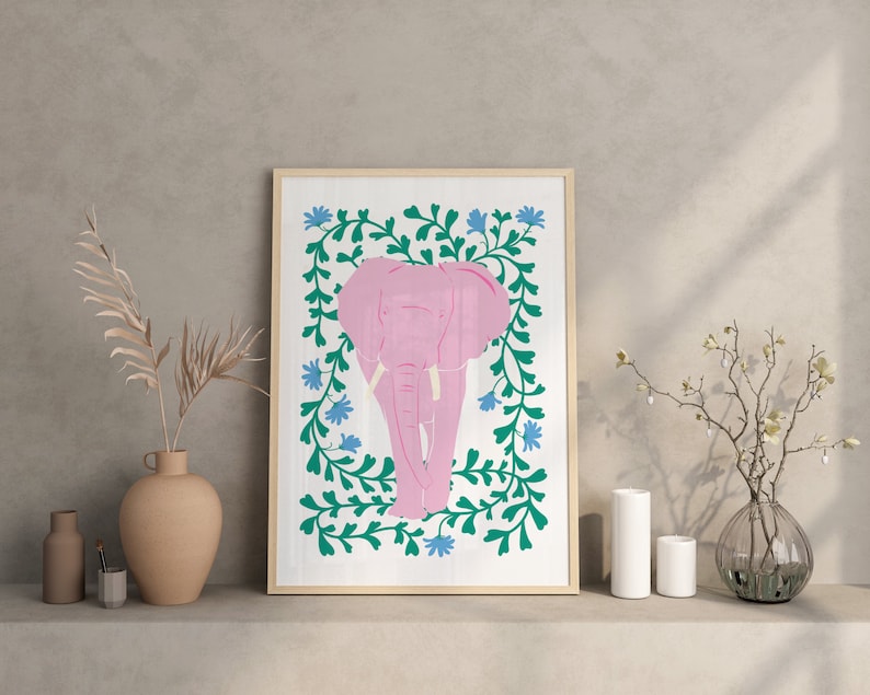 Pink Elephant And Flowers Print, Animal Print, Kids Wall Art, Girls bedroom prints, Living Room, Colourful Poster image 2