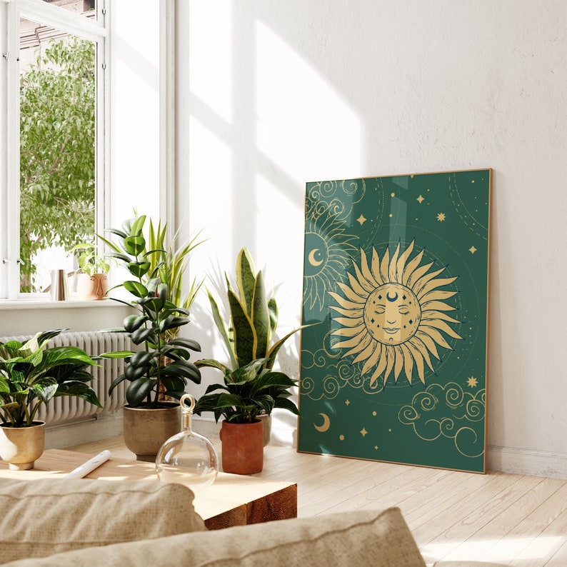 Green Sun And Stars Bohemian Print, Celestial Art, Gallery Wall, Boho, Living Room/ Bedroom/Kitchen, A5/A4/A3/A2/A1 image 3