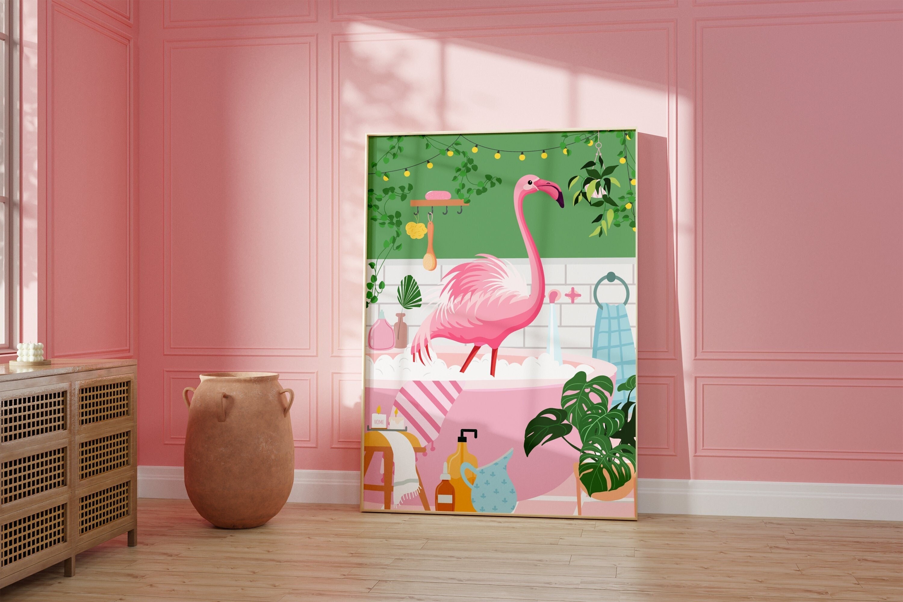 Quadro Su Tela Con Fenicottero Rosa Nella Vasca Da Bagno | Stampe Da Parete Per Bagno WC | Decorazione Moderna 30,5x40,6 Cm