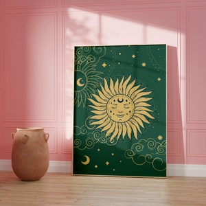 Green Sun And Stars Bohemian Print, Celestial Art, Gallery Wall, Boho, Living Room/ Bedroom/Kitchen, A5/A4/A3/A2/A1 image 5