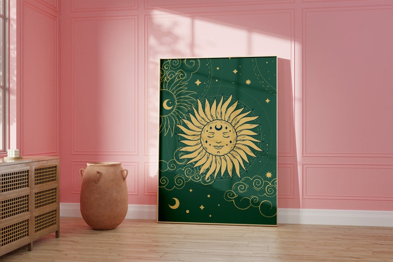 Green Sun And Stars Bohemian Print, Celestial Art, Gallery Wall, Boho, Living Room/ Bedroom/Kitchen, A5/A4/A3/A2/A1 image 5