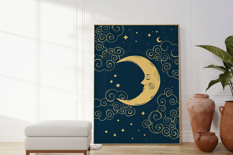 Blue moon and stars celestial wall art print, moon phase print, gallery wall prints, Living Room/ Bedroom/Kitchen Art A5/A4/A3/A2/A1 image 4