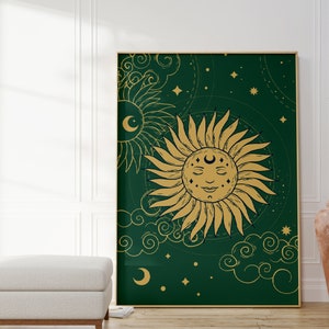 Green Sun And Stars Bohemian Print, Celestial Art, Gallery Wall, Boho, Living Room/ Bedroom/Kitchen, A5/A4/A3/A2/A1 image 4