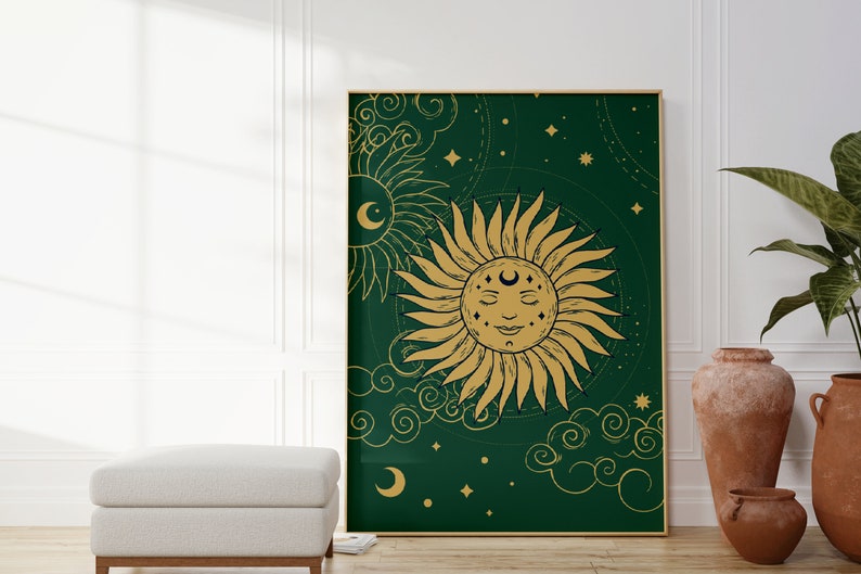 Green Sun And Stars Bohemian Print, Celestial Art, Gallery Wall, Boho, Living Room/ Bedroom/Kitchen, A5/A4/A3/A2/A1 image 4