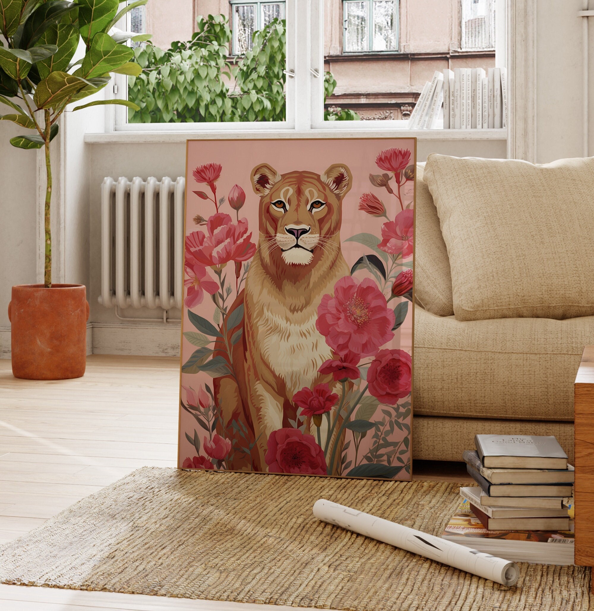 Lioness and Pink Flowers Print, Female Lion Wall Art Illustration 