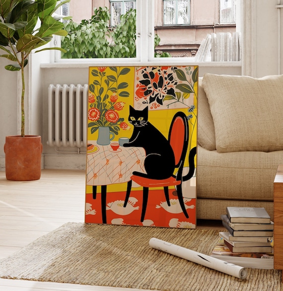 Cat Drinking Coffee Print, Colourful Poster, Flowers, Gift For Animal Lovers, Black Cat, Fun, Bar Decor, Bedroom, Gallery Wall Art