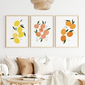 Set of 3 Prints, Lemon, Peach and Orange, Citrus, Wall Hangings, Kitchen Art, Digital Print, Gallery Wall, Living Room image 2