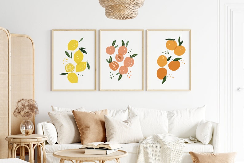 Set of 3 Prints, Lemon, Peach and Orange, Citrus, Wall Hangings, Kitchen Art, Digital Print, Gallery Wall, Living Room image 2