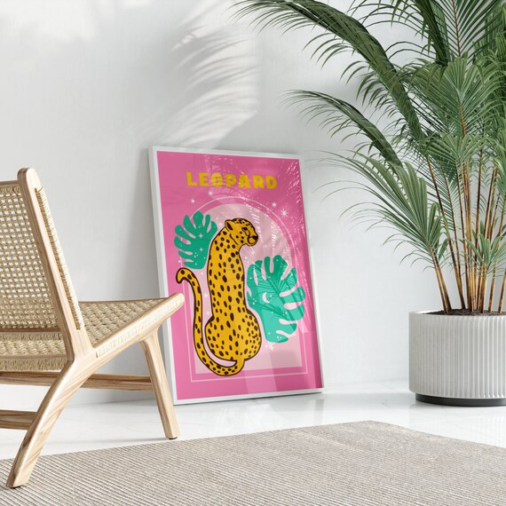 Pink Leopard & Green Animal Wall Art, Kids Room, Bedroom, Bright