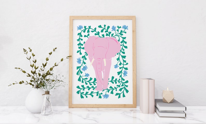 Pink Elephant And Flowers Print, Animal Print, Kids Wall Art, Girls bedroom prints, Living Room, Colourful Poster image 6