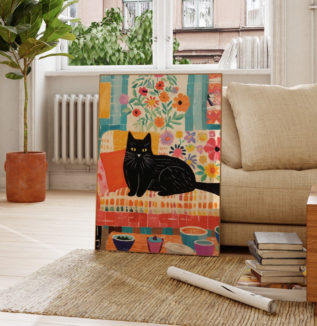 Lot De 2 Affiches Printemps Chat Noir Champ Fleurs - Impression Toile, 30x50 Cm Chaque - Décoration Murale Sage Green, Style Bohème - 12