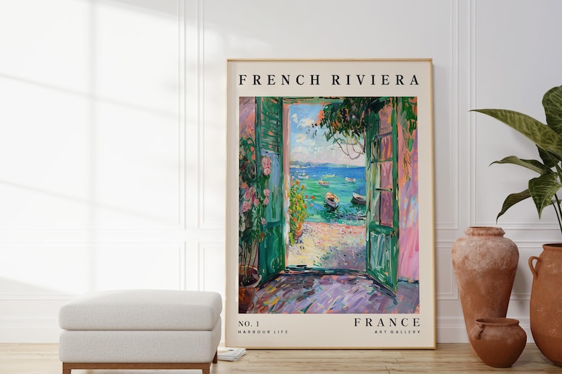 French Riviera Print, Colourful Travel Poster, Mediterranean Art