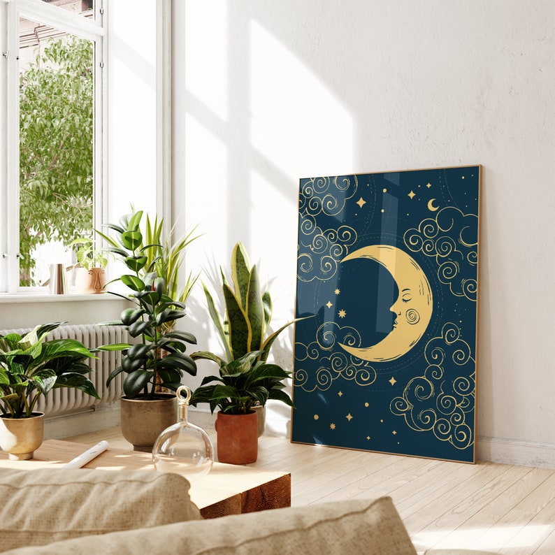 Blue moon and stars celestial wall art print, moon phase print, gallery wall prints, Living Room/ Bedroom/Kitchen Art A5/A4/A3/A2/A1 image 2