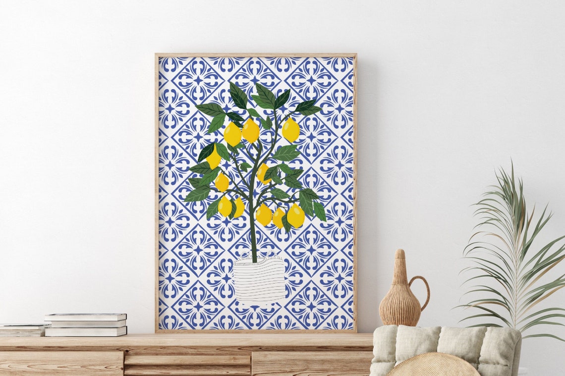 Yellow Lemon Tree Print Moroccan Blue Tile Wall Art Lemon | Etsy UK