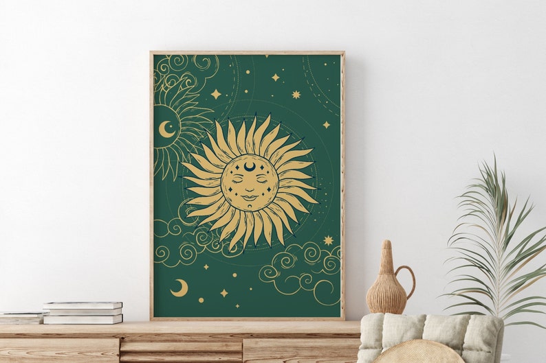 Green Sun And Stars Bohemian Print, Celestial Art, Gallery Wall, Boho, Living Room/ Bedroom/Kitchen, A5/A4/A3/A2/A1 image 7