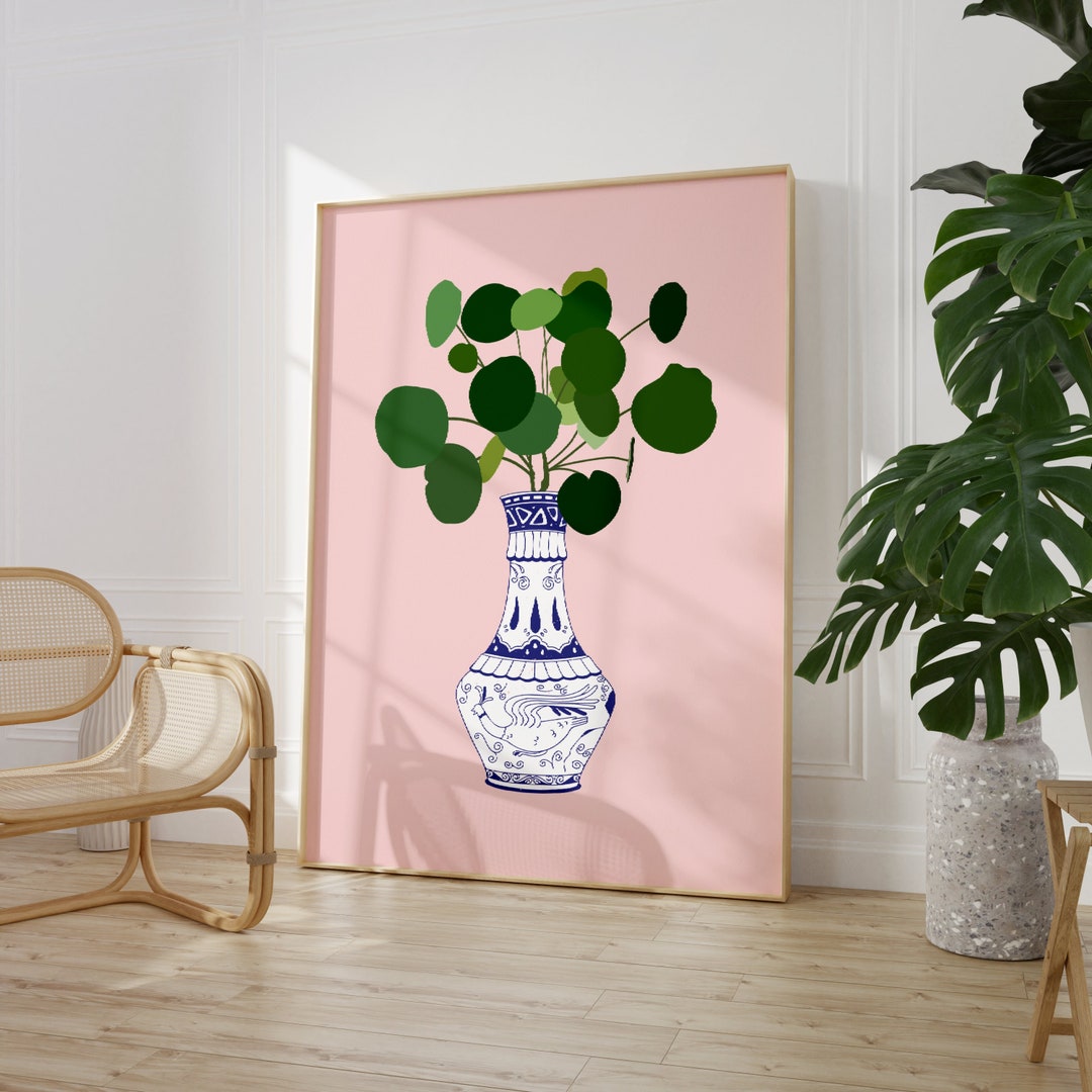 Plant in Blue Greek Vase, Pink Plant Wall Art, Modern Minimalist