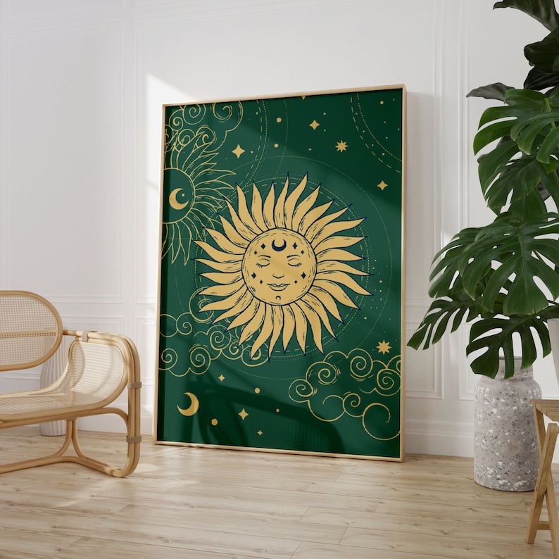 Green Sun And Stars Bohemian Print, Celestial Art, Gallery Wall, Boho, Living Room/ Bedroom/Kitchen, A5/A4/A3/A2/A1 image 1